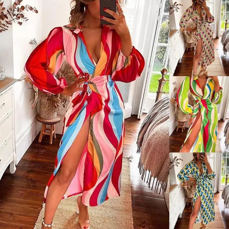 

Женское платье-рубашка с длинным рукавом и разрезом, весна-лето 2023