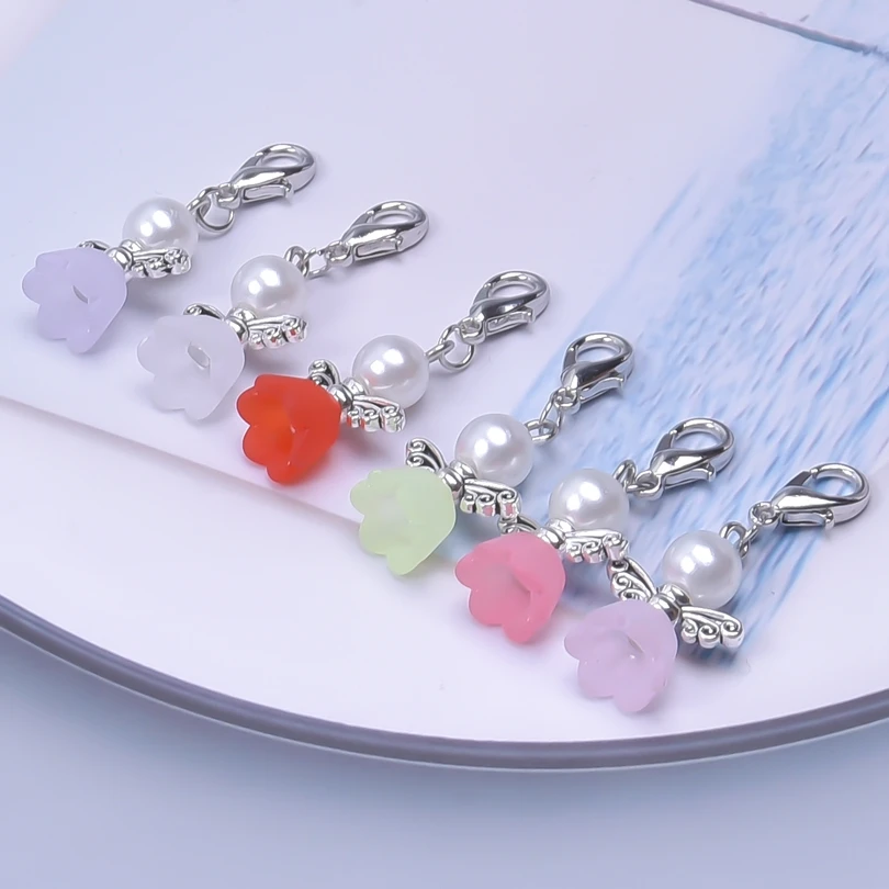 

6pcs/lot Mixed Guardian Angel Wings Diy Handmade Charms Pearl Dancing Fairy With Lobster Clasp Beads Pendant for Gifts Keychain