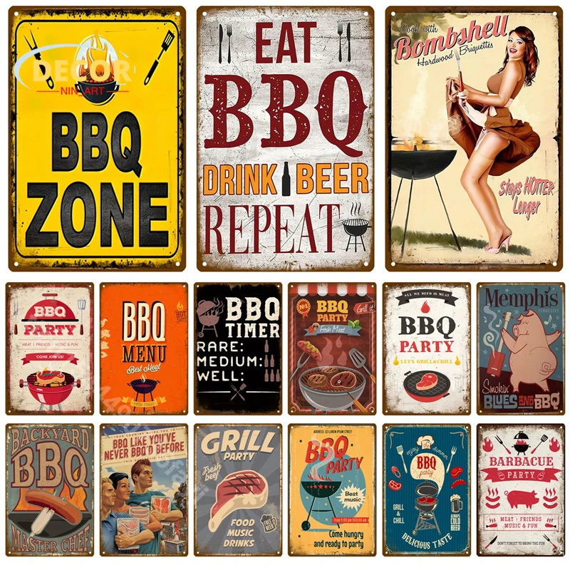 

Vintage BBQ Zone Metal Tin Sign Poster for Retro Signs Dad'sBBQ Yard Outdoor Party Decoration Plate Barbecue Rules Slogan Decor