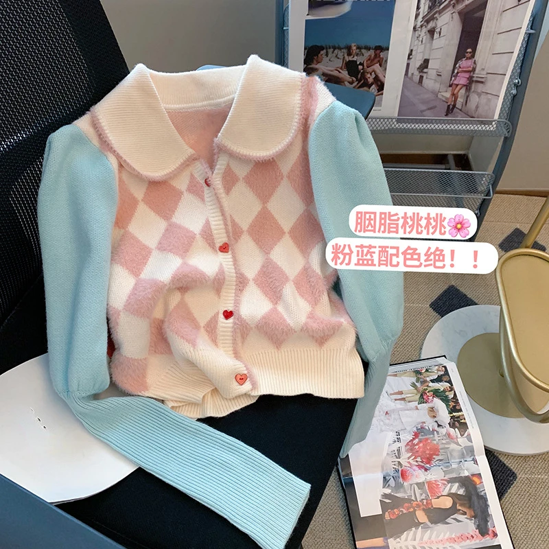 

Sweet Chic Peter Pan Collar Hit Color Argyle Sweater Women Cardigan Autumn Long Sleeve Single Breasted Knitted Sweaters Mujer