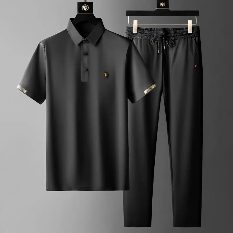 Summer Thin Simple Quick-drying Set Men's Business Polo Shirt Loose Long Pants Two-piece Set