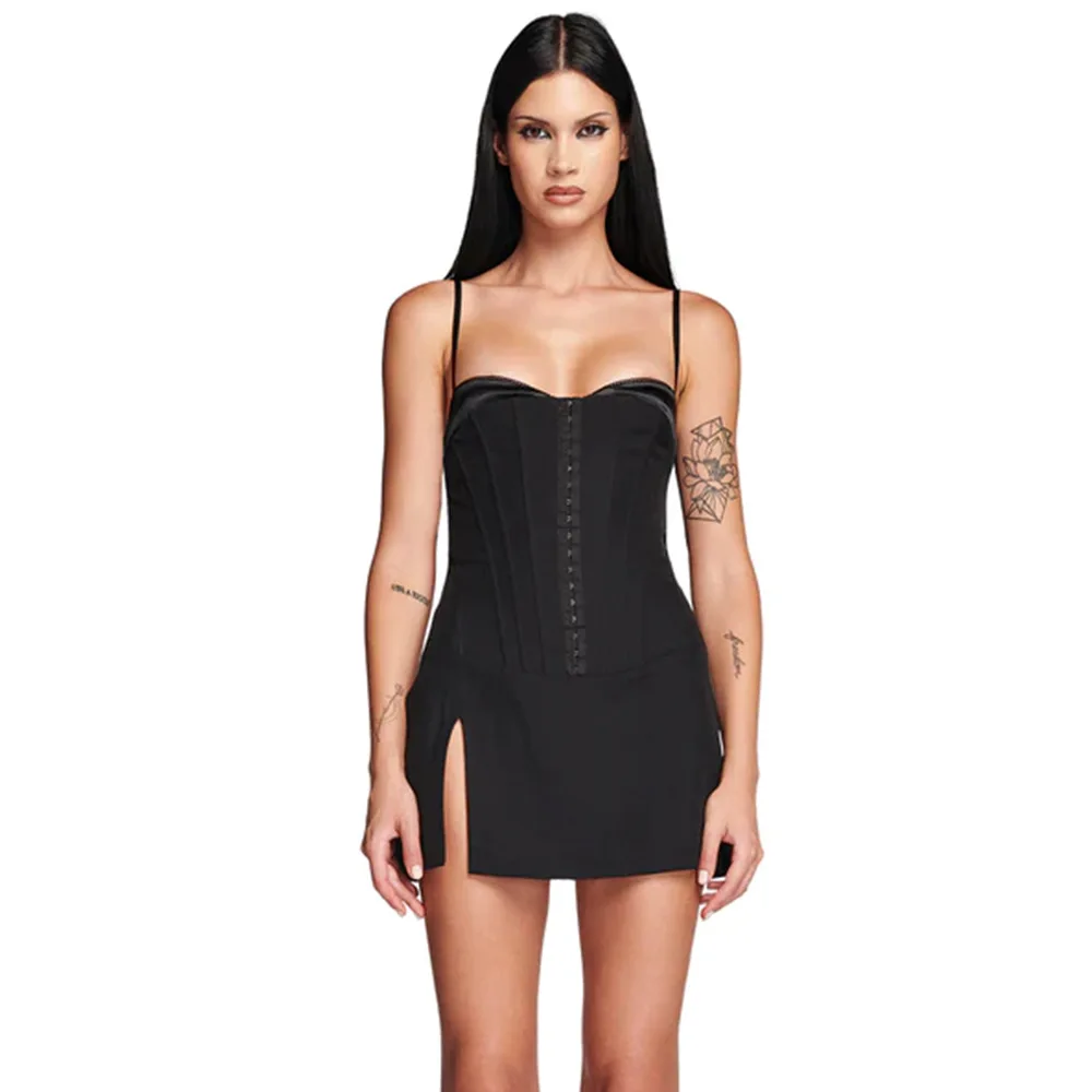 

Dansursa 2023 New Summer Women Sexy V-neck Short Black Dress Elegant Fishbone Spaghetti Strap Birthday Party Dresses With Lining