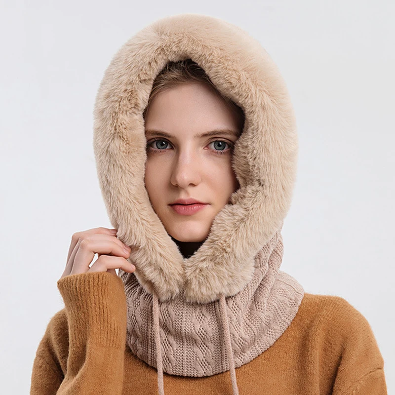 Зимние теплые меховые шапки с капюшоном для женщин плюшевые шапочки облегающие