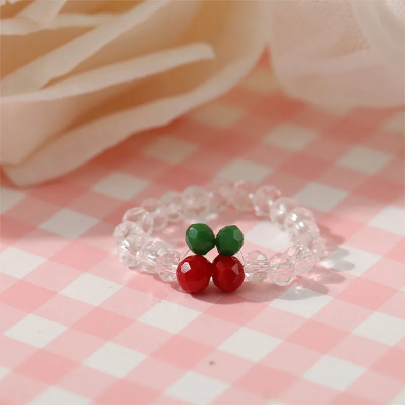 

1pcs Simple Cute Pearl Resin Bead Cherry Rings Minimalist Elastic Ring For Women Adjustable Jewelry Party Gift 2022 New