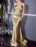 mermaid trumpet elegant sexy engagement formal evening dress v neck sleeveless sweep brush train satin with criss cross ruched