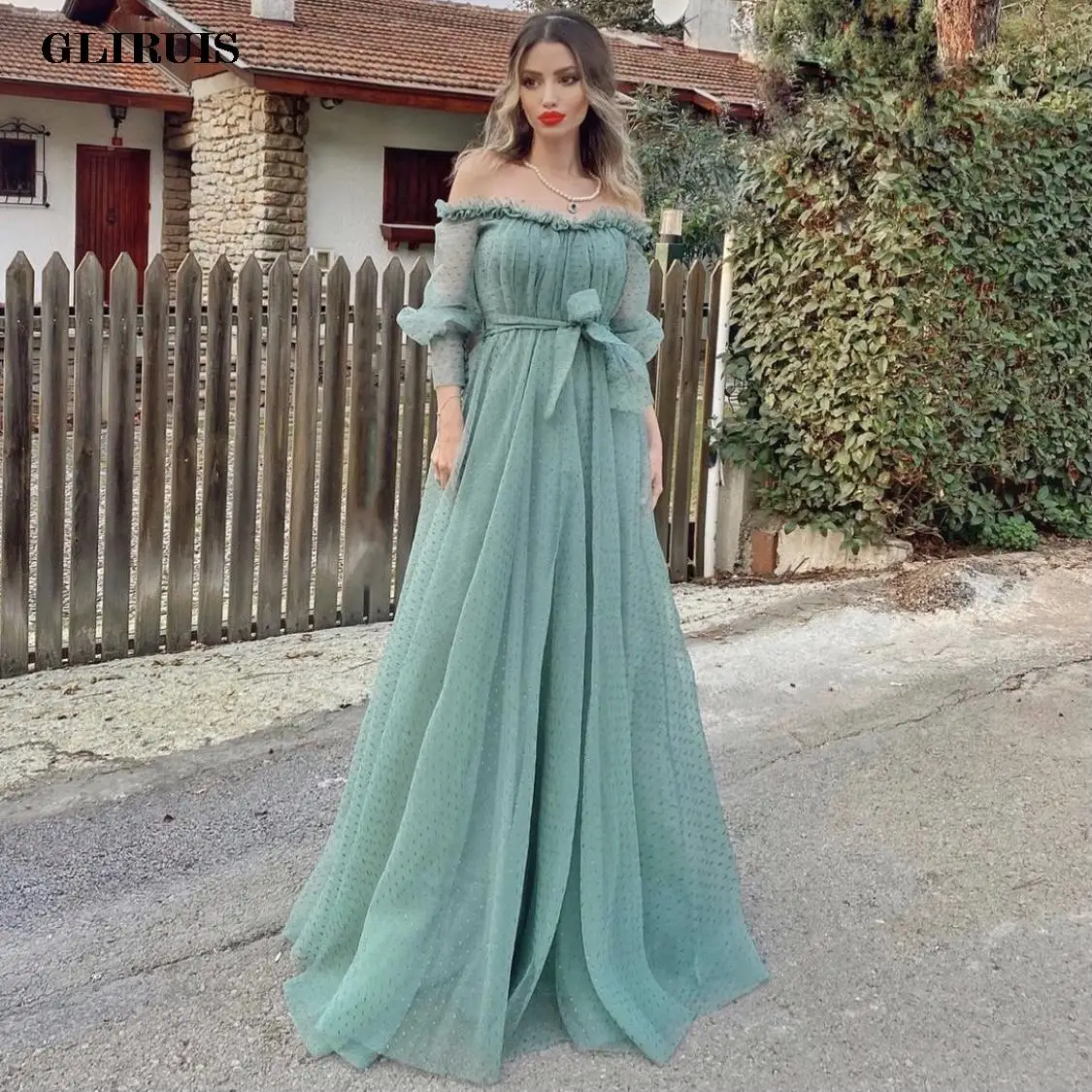 Бирюзовое вечернее платье в горошек ТРАПЕЦИЕВИДНОЕ ПЛАТЬЕ с вырезом лодочкой