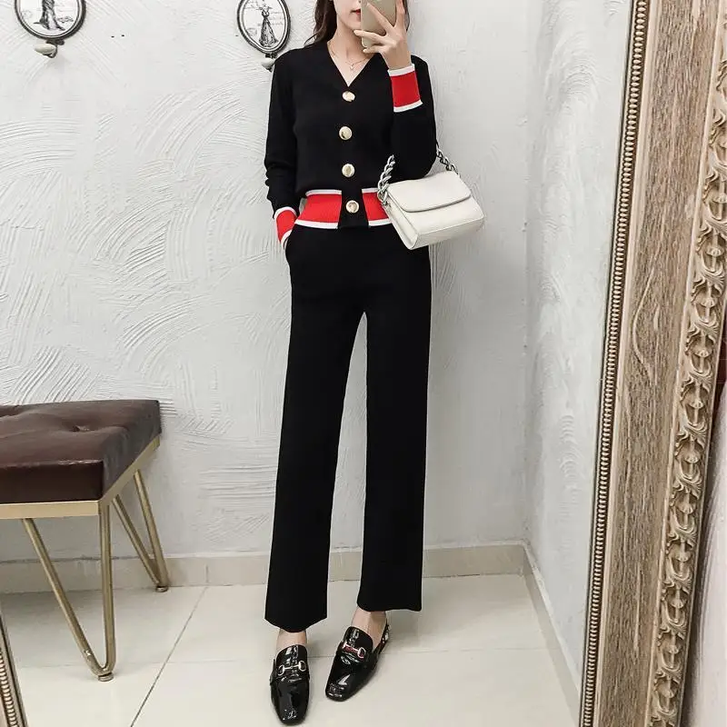 

2022 Spring New Korean Version Slim Fit Long-sleeved Knitted Cardigan Casual Wide-leg Pants Suit Pants Two-piece Tide
