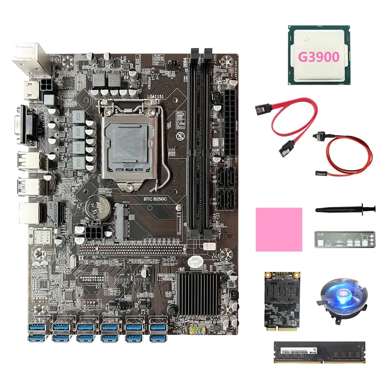 

Материнская плата B250C ETH Miner 12USB + ЦП G3900 + 128G SSD + DDR4 8 ГБ ОЗУ + вентилятор + кабель SATA + коммутационный кабель + термопаста + перегородка