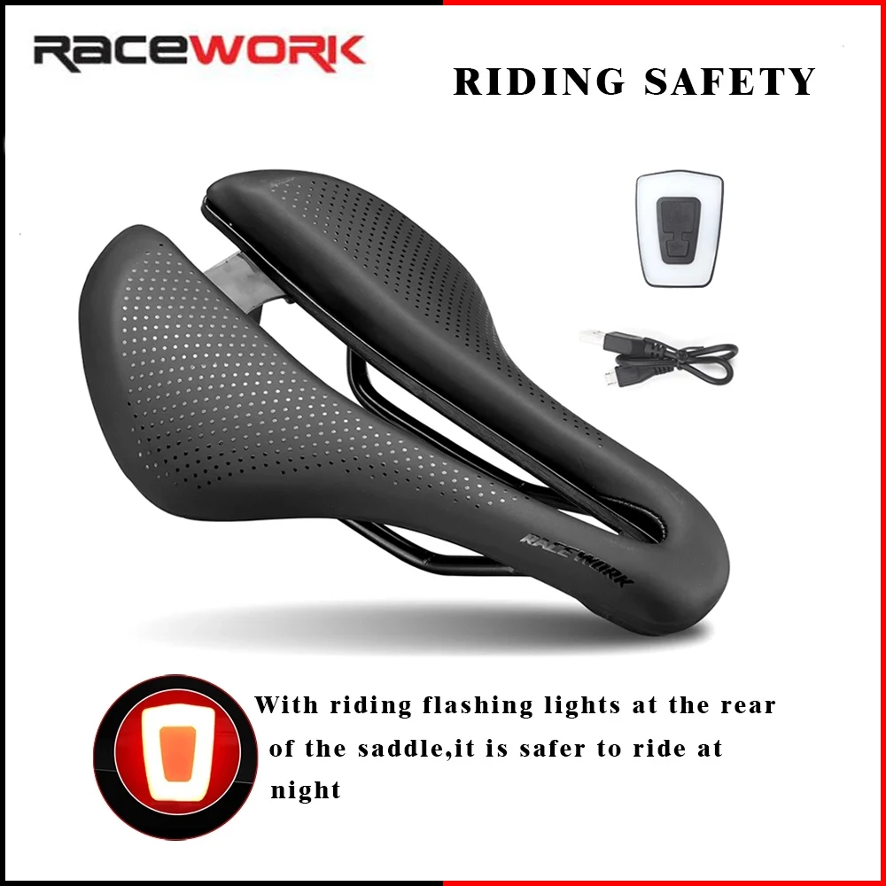 

RACEWORK Pro4 MTB Bike Saddle Hollow Soft Comfortable Breathable Seat With Warning Taillight USB Road Bicycle Cycling Saddles