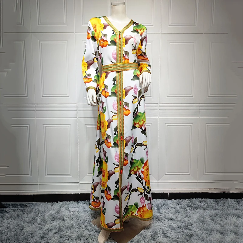 Print Abayas For Women Dubai 2022 With Belt Turkish Hijab Middle East Jalabiya Eid Muslim Kaftan Dresses Abaya Jellaba Moroccan