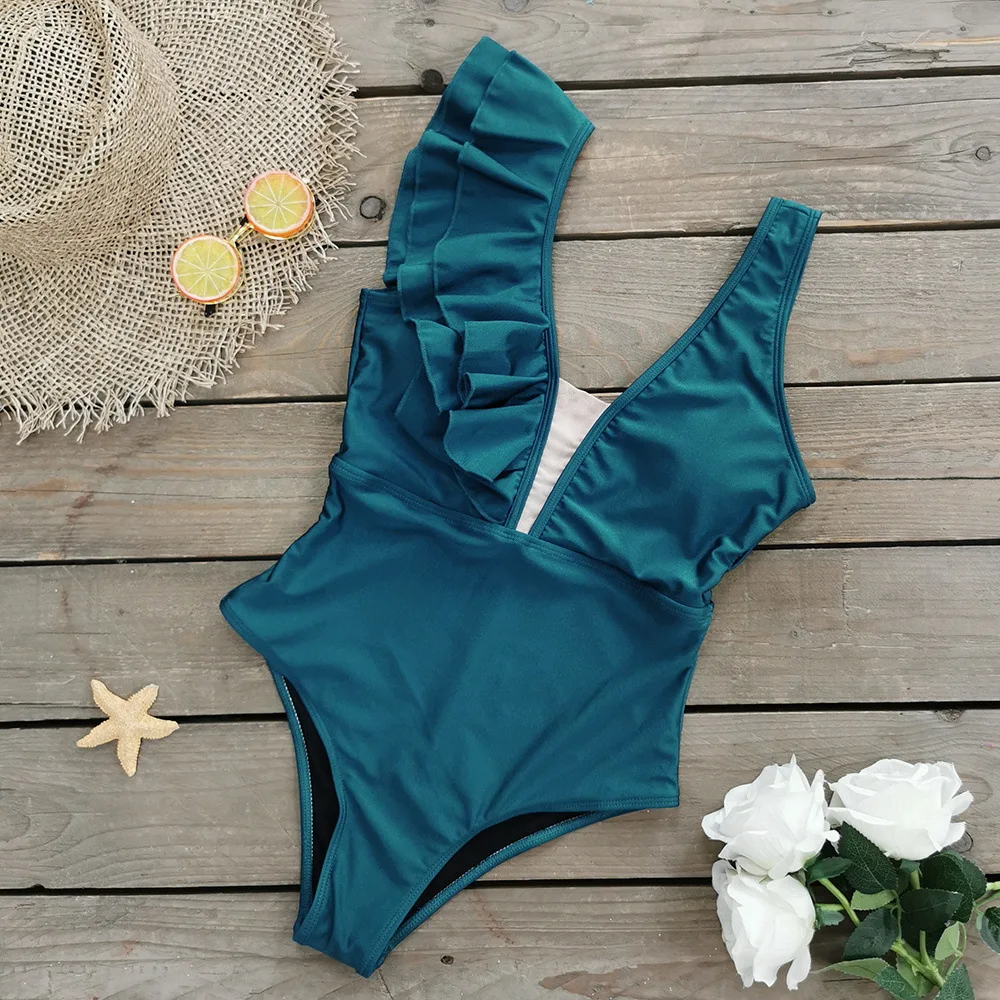 

Women's Swimsuit 2023 Summer Sexy Beachwear Ruffle Sleeve Deep V Neck Bikini Bathing Suit Push Up One-Piece