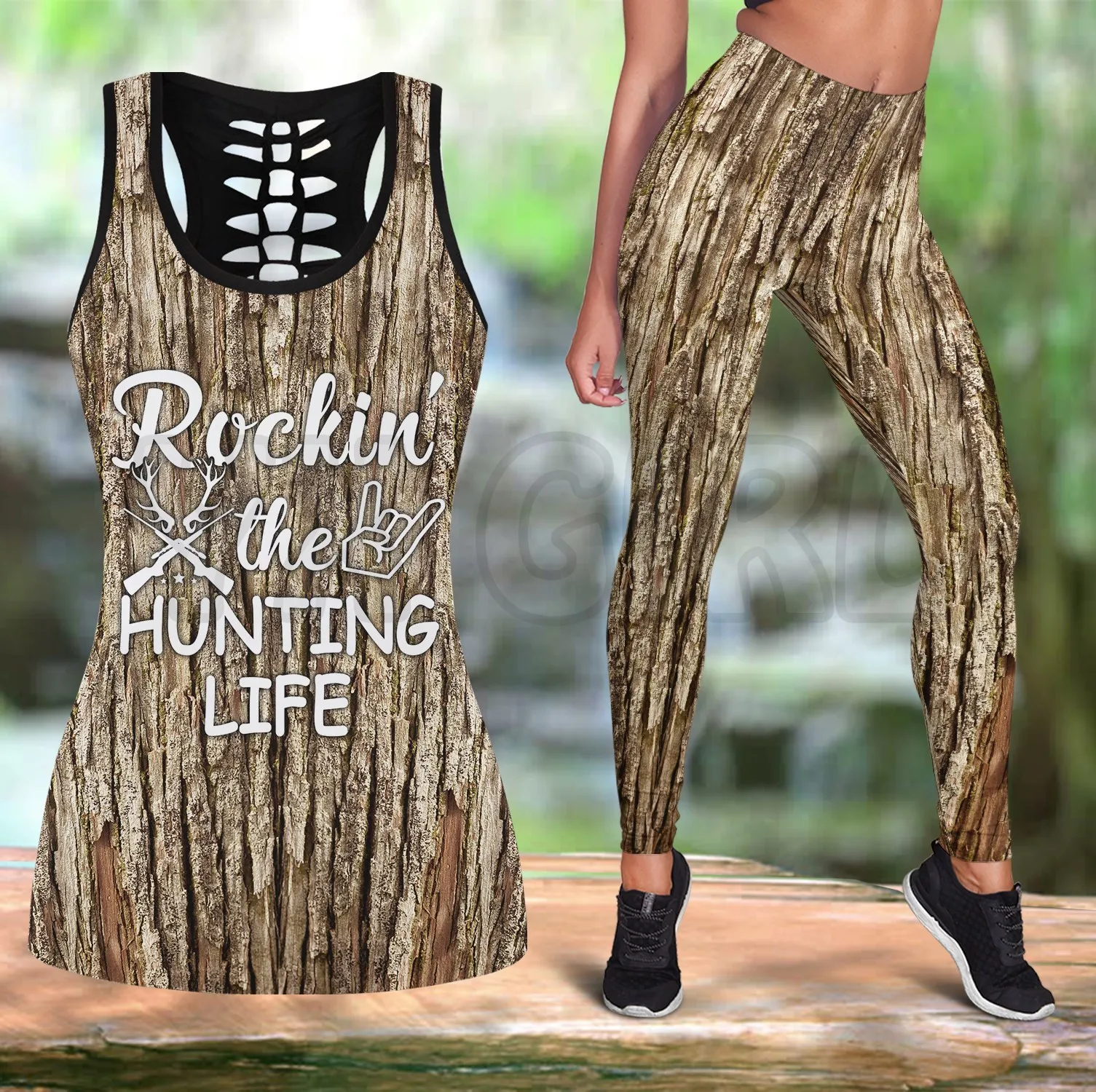 Hunting Rockin The Hunting Life 3D Printed Tank Top+Legging Combo Outfit Yoga Fitness Legging Women