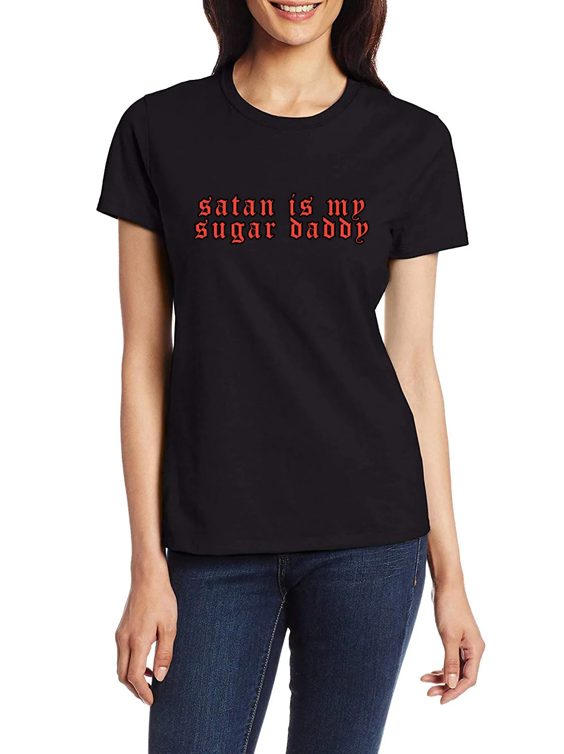

Satan Is My Sugar Daddy Design Humor Fun Flirty T-shirt Women's Yoga Sports Workout Tee Shirts Customizable High-Quality Tops