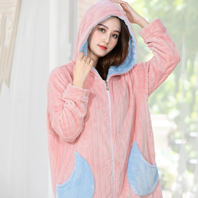 New Flannel Robe Women Coral Fleece Hoody Warm Thicken Thermal Bathrobe Cute Pocket Long Gown Sleepwear Winter Homewear Bathrobe