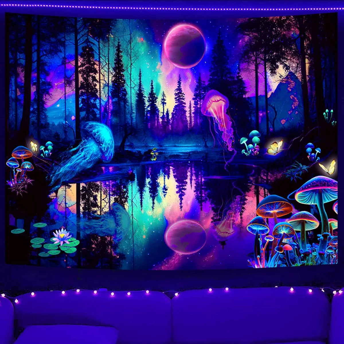 

LVJIA Гобелен Blacklight Фэнтези Луна Лес