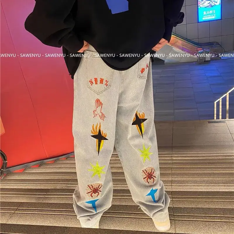 Y2K Printed Jeans Men Straight Trousers 2022spring New American Vintage High Street Hip-hop Style Casual Loose Wide-leg Trousers