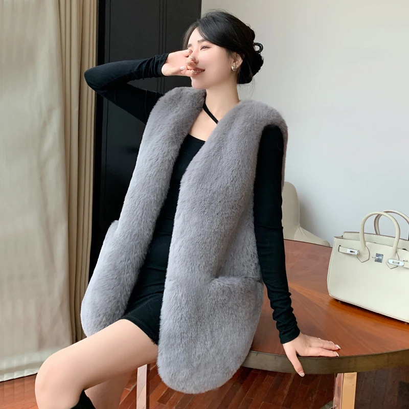 

Женская шуба из искусственного меха норки, зимняя облегающая шуба без рукавов из искусственного лисьего меха в Корейском стиле, 2022