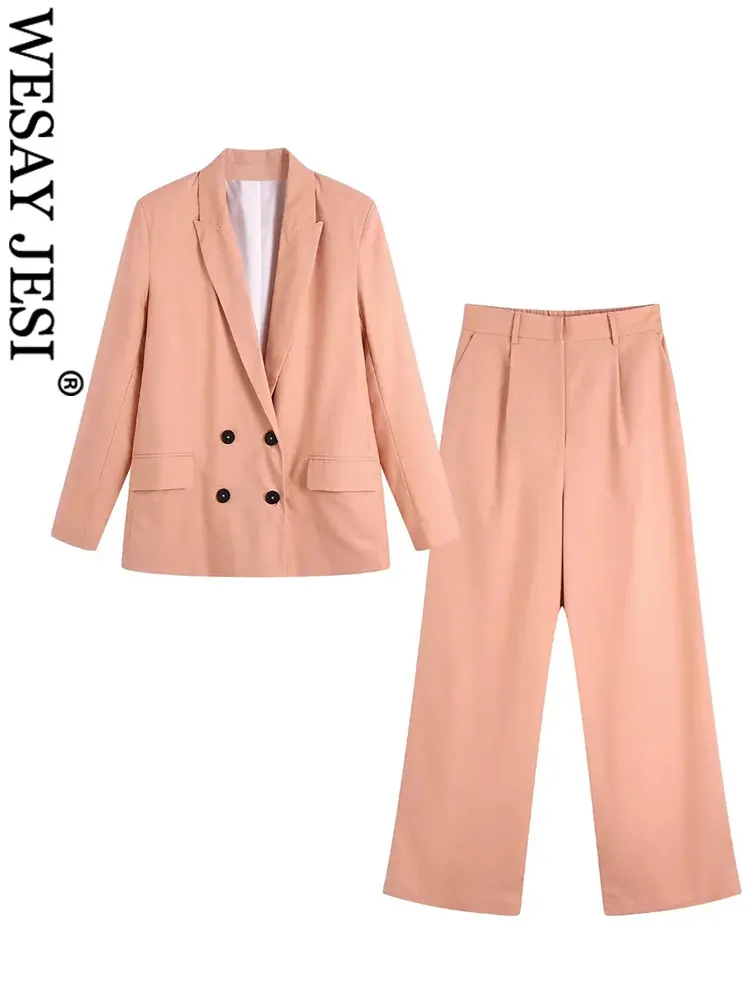 

WESAY JESI Розовый Модный Элегантный Повседневный Женский костюм Однотонный женский двубортный Блейзер прямые широкие брюки