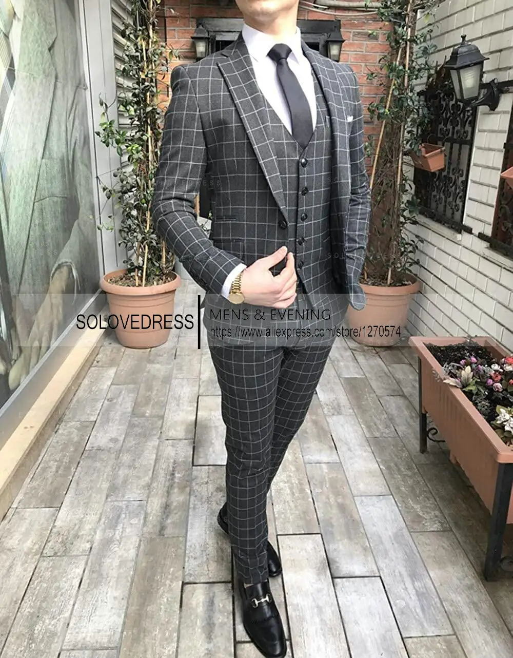 2023 Men’s Suits 3 Piece Regular Fit Vest Men Suit Formal Peak Lapel Plaid Wedding Groomsmen Coat+Pant+Vest