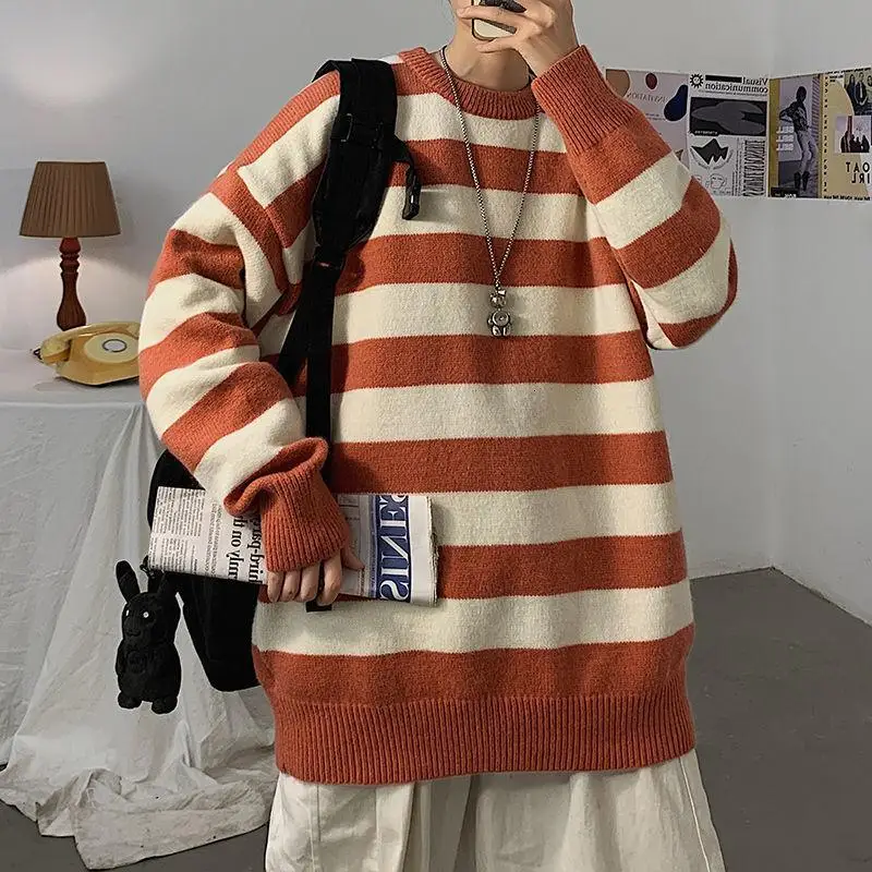 DIMI Winter New Woman Casual Pullovers Korean Streetwear Male Fashion Warm Clothing Men's Loose Stripe Sweaters