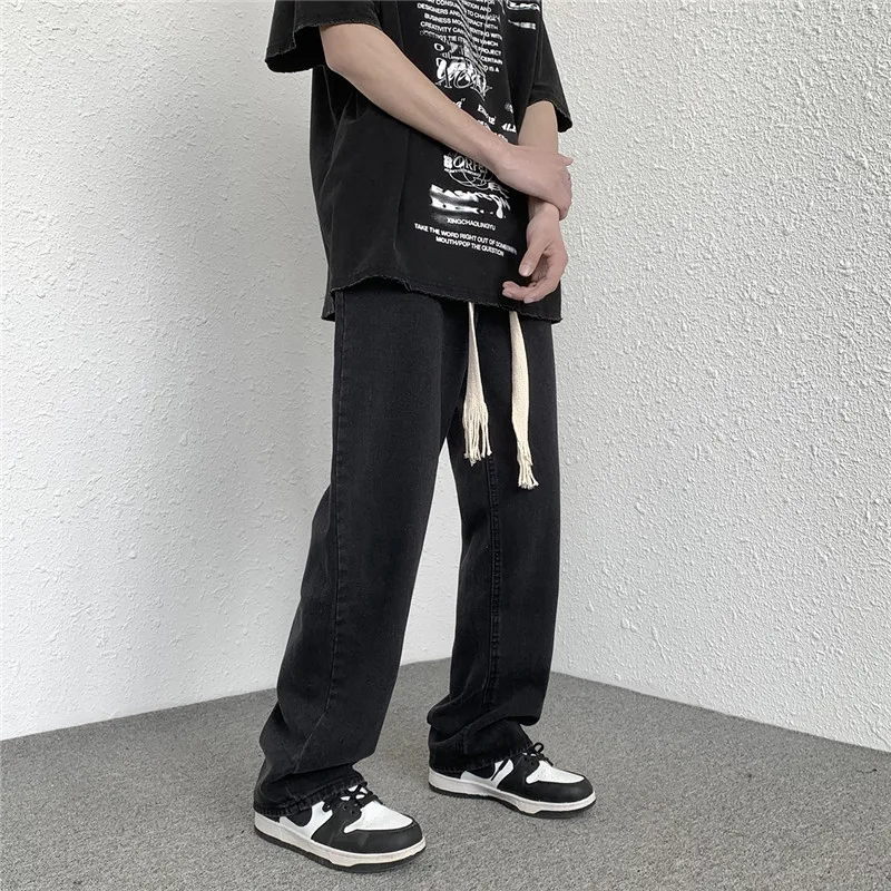 Drawstring Wide-leg Trousers Men's Spring Korean Version of The Hong Kong Style Ins Loose Trend Straight Casual Washed Jeans