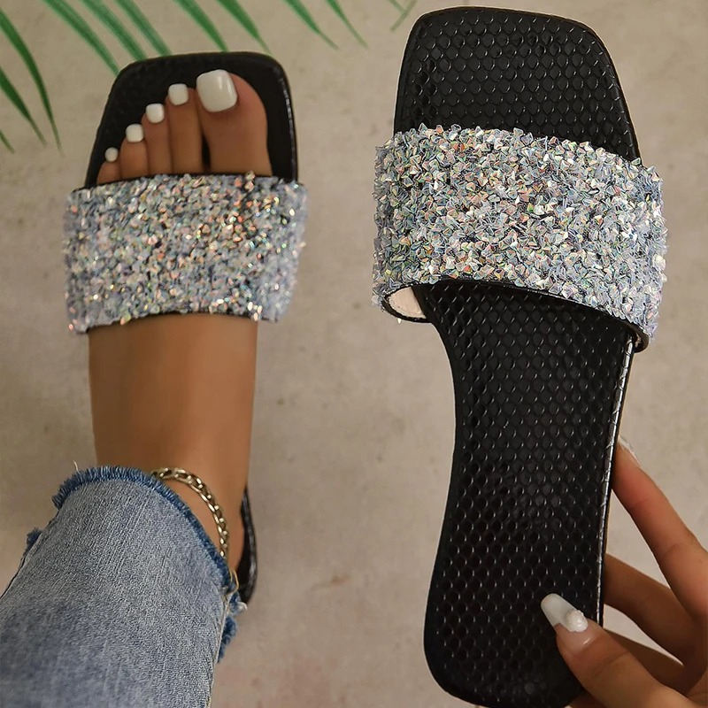 Women Minimalist Sequins Single Band Slide Sandal Fashion Outdoor 2023 Summer Slippers Beach Open Toe Sandals Woman Flat Shoes