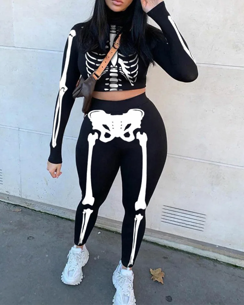 

Женская мода из двух частей на осень и зиму. Черная Облегающая водолазка с длинным рукавом и принтом на Хэллоуин, Короткое мини пальто, колго...