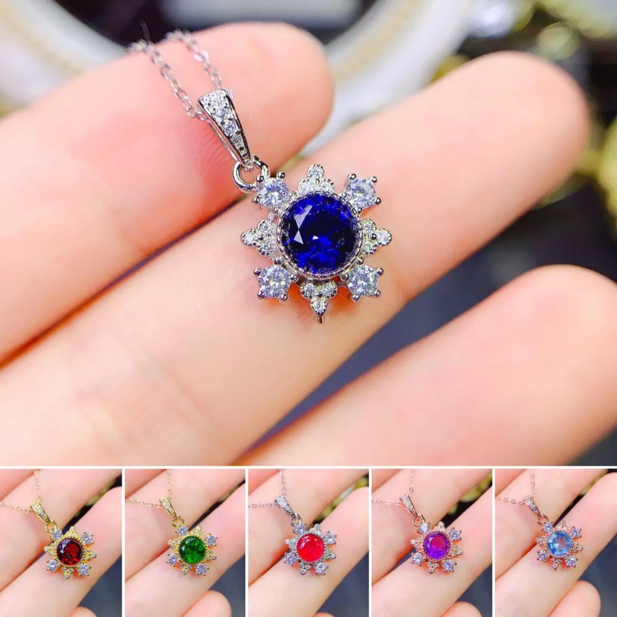 

FS 6*6 Natural Sapphire/Diopside/Amethyst S925 Pure Silver Flower Pendant Fine Fashion Wedding Jewelry for Women MeiBaPJ