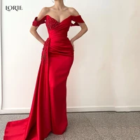 lorie red bride evening dresses off shoulder beadings dubai mermaid celebrity gowns bodycon pleated arabia formal party dress