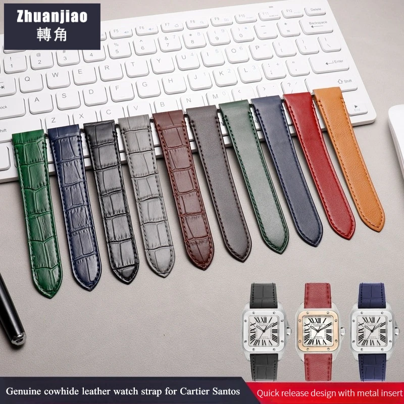 Фото Высококачественный ремешок для часов из воловьей кожи для Cartier Santos 19, 21 мм, быстросъемный ремешок для часов с металлической вставкой и пряжкой из нержавеющей стали №1