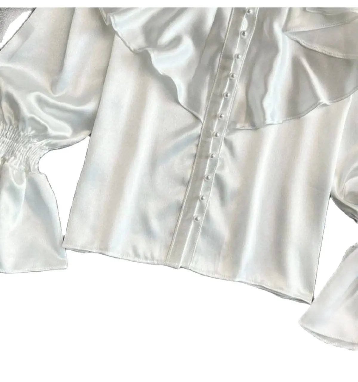 Женская атласная блузка свободная рубашка с длинными расклешенными рукавами