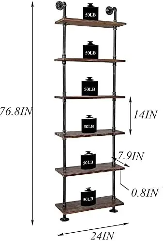 

Pipe Bookshelves Rustic Ladder Bookshelf Display Storage Stand Shelf Bookcase for Living Room, Kitchen, Office (6 Tier)