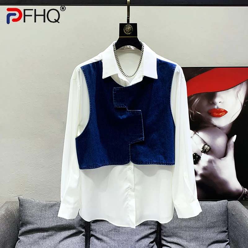 

PFHQ Stylish Personality Vest Shirts Patchwork Fake Two Piece High Quality Trendy Luxury 2023 Summer Original Design Tops Men's