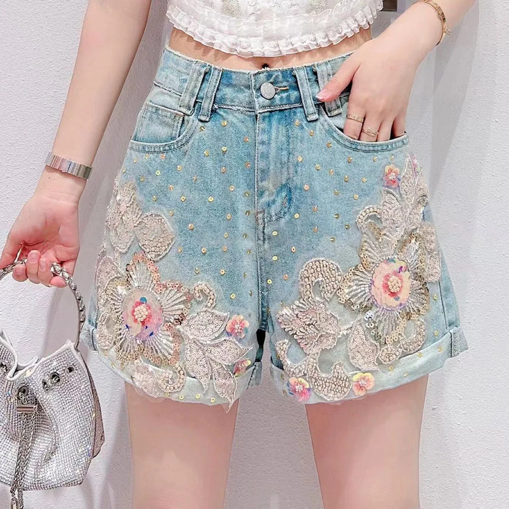 French Style Heavy Industry Beads Flower Denim Shorts Female Summer New Loose High Waist Slimming A-line Wide-Leg Hot Short Pant