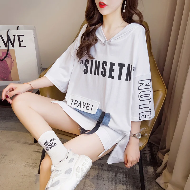 

#4349 Black White Orange Summer T Shirt Female Double Zipper Letters Printed Long T Shirt Loose Cotton Hooded T Shirt For Women