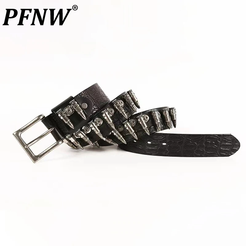 PFNW Men's Darkwear Techwear Metal PU Bullet Belts Hip-hop Niche Punk Gothic Rivet Leather Knurling Outdoor Tide Design 12Z1156