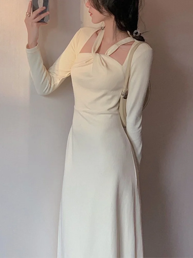 Осеннее французское винтажное элегантное платье женское пикантное вечернее