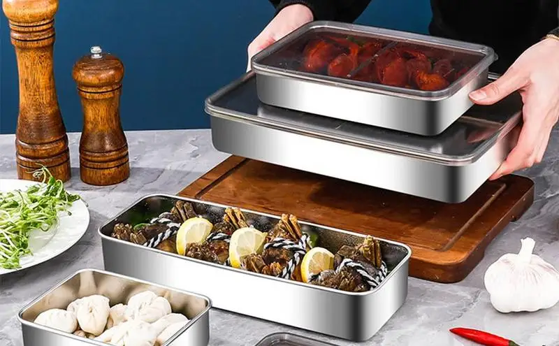 

Bacon Keeper Container Stainless Steel Deli Saver Tray Kitchen Grease Containers with Raised Striped Bottom for Lunch Storage