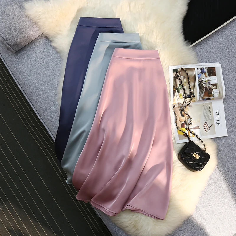 

Luxury Satin Skirts Women Spring Summer Long Midi Skirt A-Line Elastic Waist Korean Silk Party Skirt Elegant Office Lady Sweet
