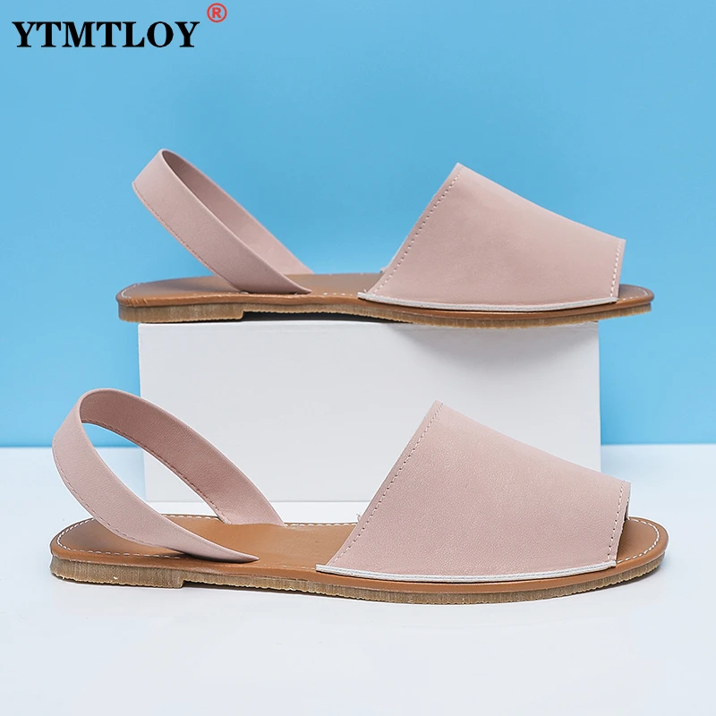 

Summer Sandals Women Plus Size Flats Female Casual Peep Toe Shoes Faux Suede Slip On Elastic Band Leisure Solid Footwear