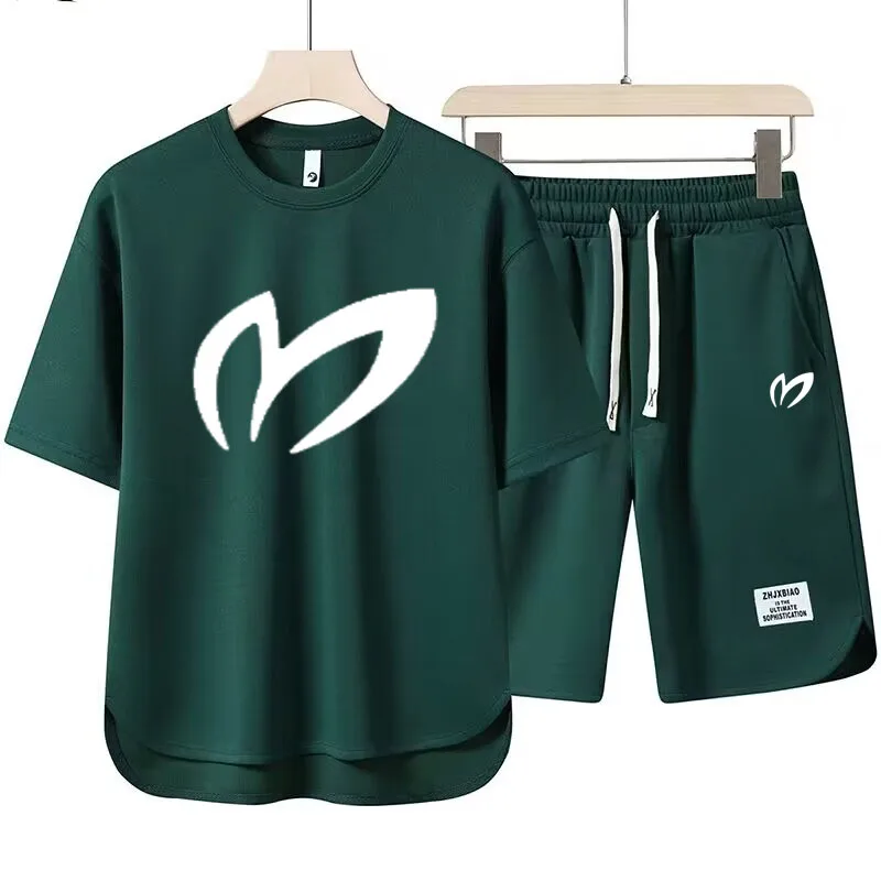 Summer New Men's Two Piece T-shirt+Shorts Sportswear Fashion Print Loose Harajuku Style Street Apparel Casual Golf Set