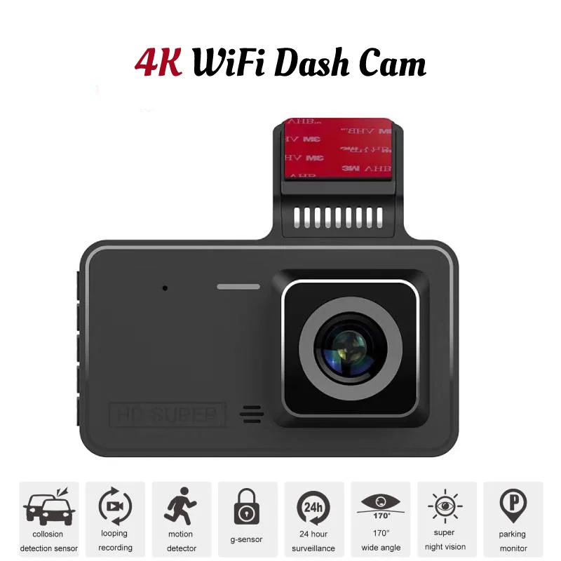 4K Dash Cam Dual Lens 24H Parking Monitoring Recording 1080P Car Camera DVR Night Vision G-Sensor Motion Detection Support Rear
