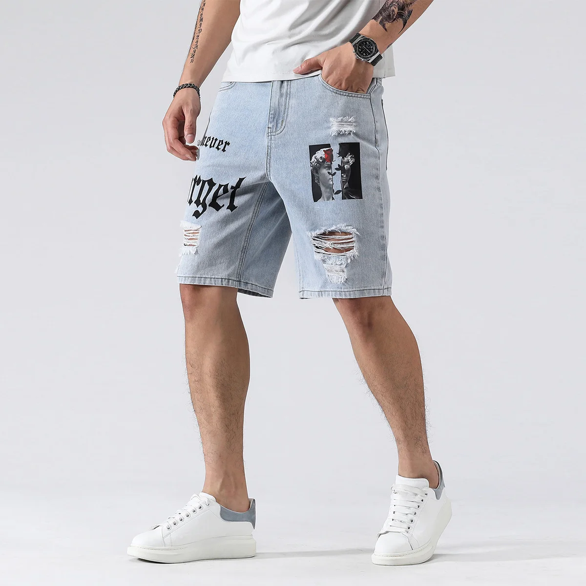 Hole Ripped Slim Men Shorts Casual Jeans Retro Blue Washed Street Knee-length Male Denim Pants