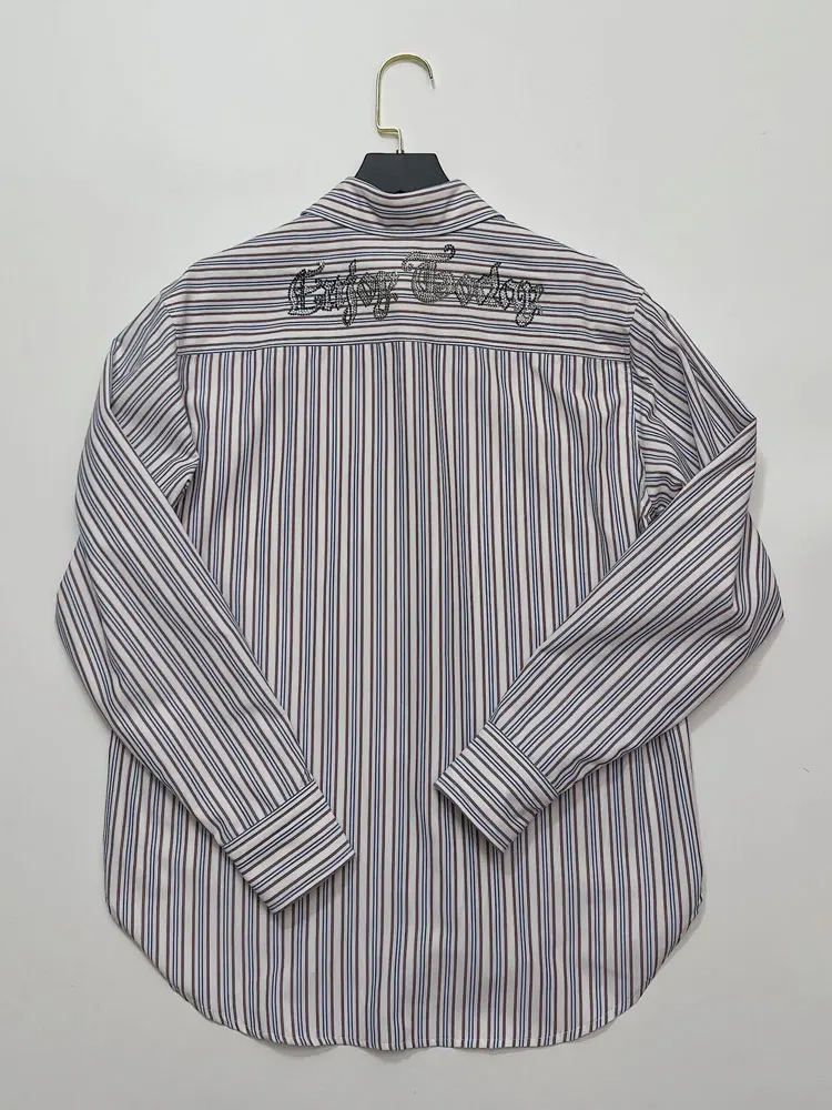 2022 Spring and Summer New Striped Shirts Back Diamonds Decorated Women Shirts