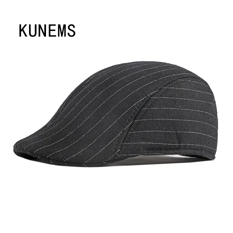 

KUNEMS Autumn and Winter Fashion Berets Stripe Retro Middle-aged and Elderly Newsboy Hats for Man Casual Dad Cap Flat Hat Gorro