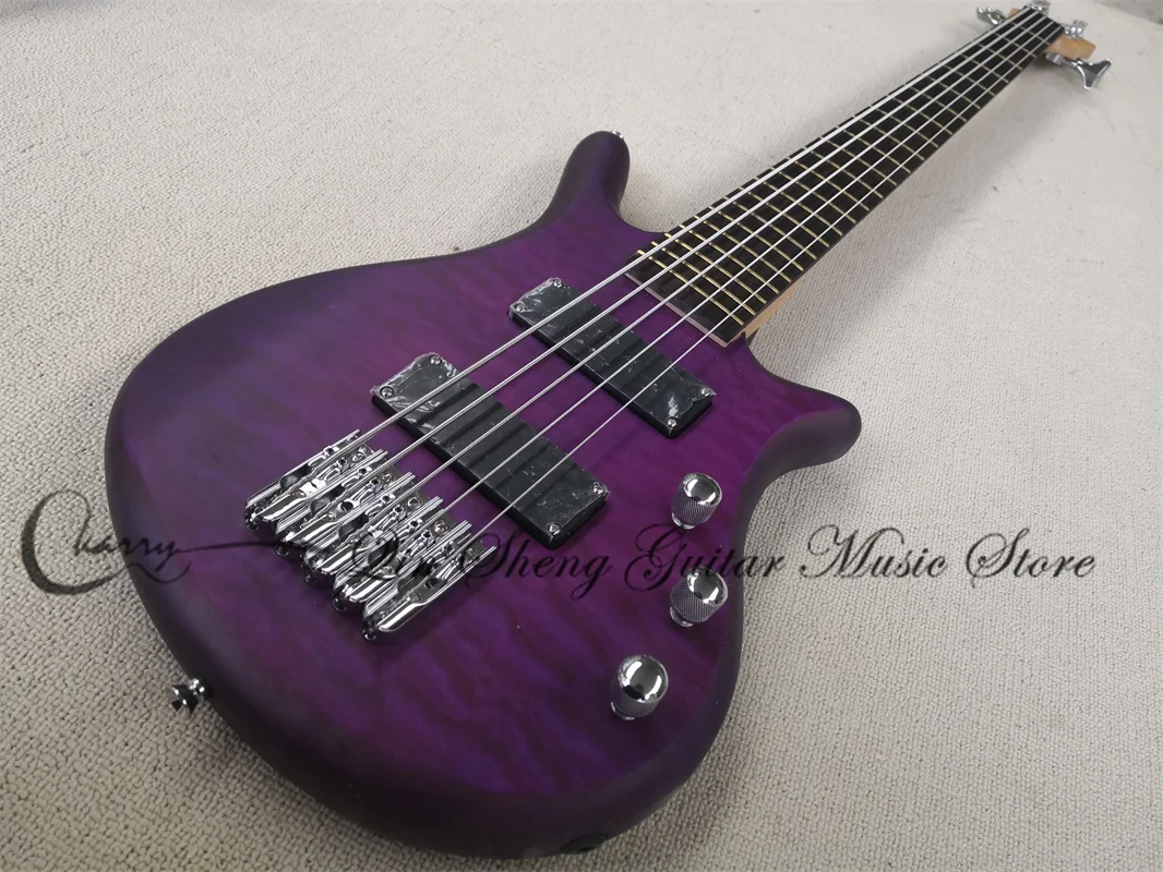 

5 Strings Matte Purple Bass Guitar Mahogany Body Squilted Maple Top Rosewood Fingerboard Brass Frets Individual Bridge