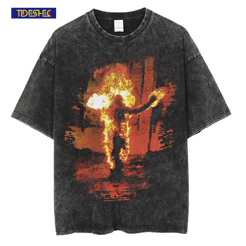 

Men Hip Hop T Shirt Streetwear Flame Burning Printed T Shirt 2022 Harajuku Washed Short Sleeve Distressed Oversized T Shirt