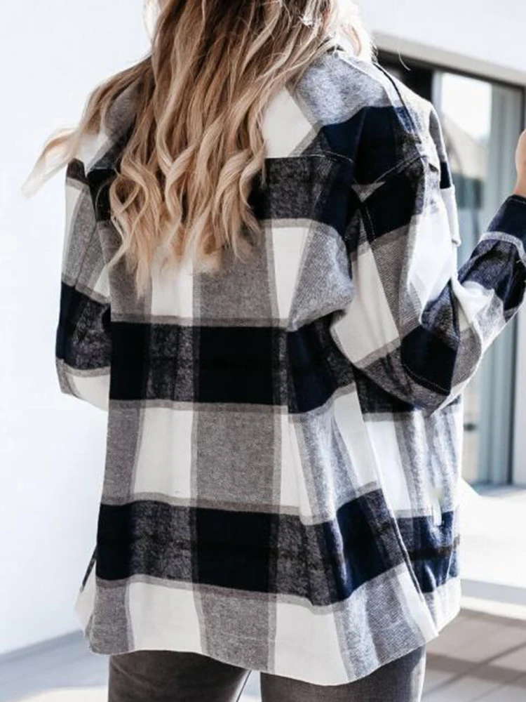 Shirts For Women Plaid Long Sleeve Button Up Shirt Collared Tops And Blouse 2022 Autumn Spring Fashion Loose Casual Black White