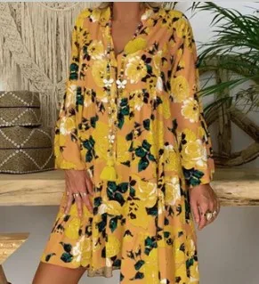 

Spot 2023 Summer Hot Selling Women's Fashion Print Three Quarter Sleeve Skirt Ruffles Large Loose Dress European and American