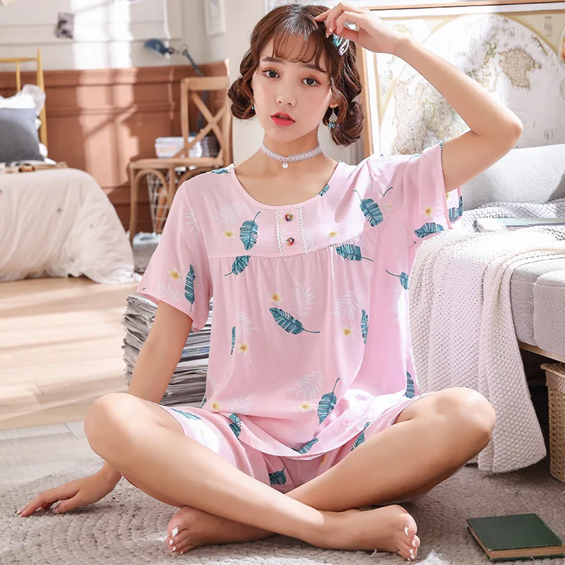 Summer New Cotton Silk Pajamas Women's Short-sleeved Artificial Cotton Pullover Suit Women Nightwear